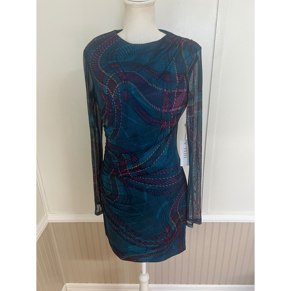 Siena Womens Long Sleeve Mesh Ruched Mini Dress Teal Purple Plaid Size 10 NEW